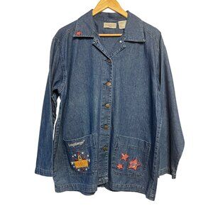 VINTAGE Longaberger Homestead L Denim Jacket Embroidered Stars Basket Design